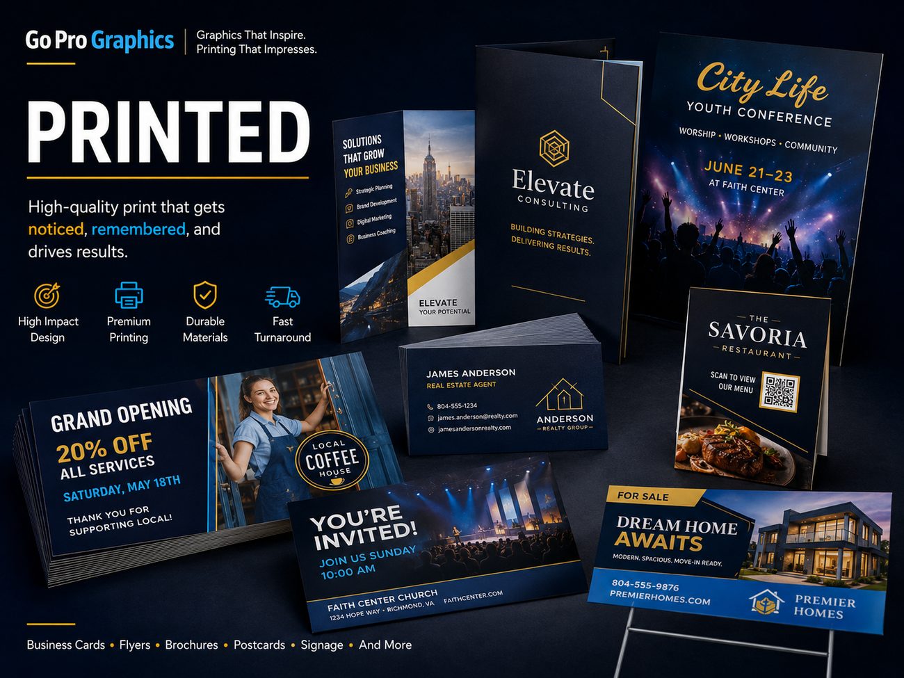High-quality printed business cards, flyers, banners and signage by Go Pro Graphics